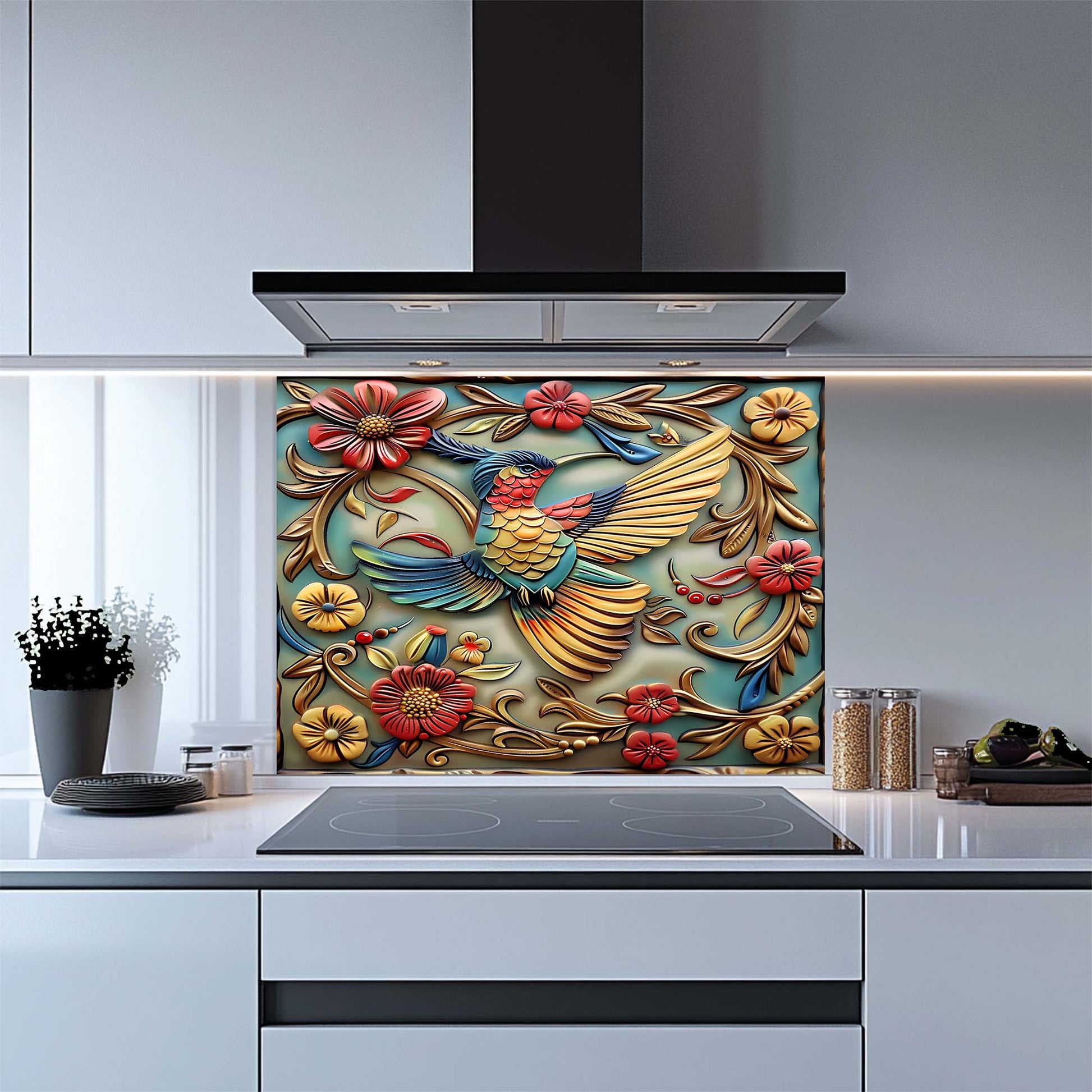 Decorative kitchen backsplash with a colorful bird and floral design above a stove.
