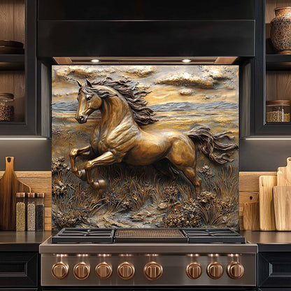 Stainless steel stove with a decorative glass backsplash featuring a horse in a natural setting.