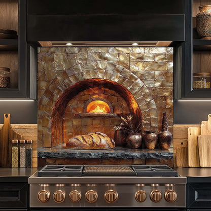 Stainless steel stove with a decorative stone oven backsplash featuring bread and potted plants.