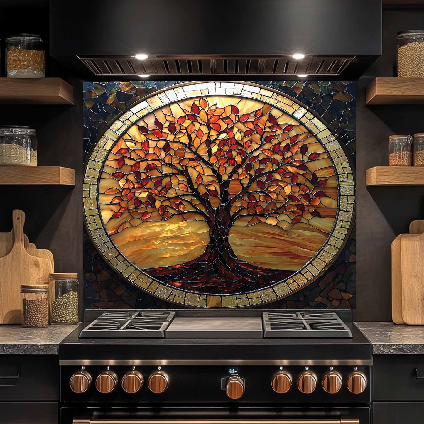 Stained glass backsplash tree of life above a stove in a kitchen setting