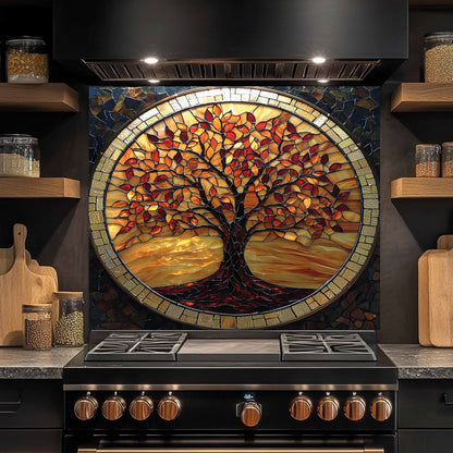 Stained glass backsplash tree of life above a stove in a kitchen setting