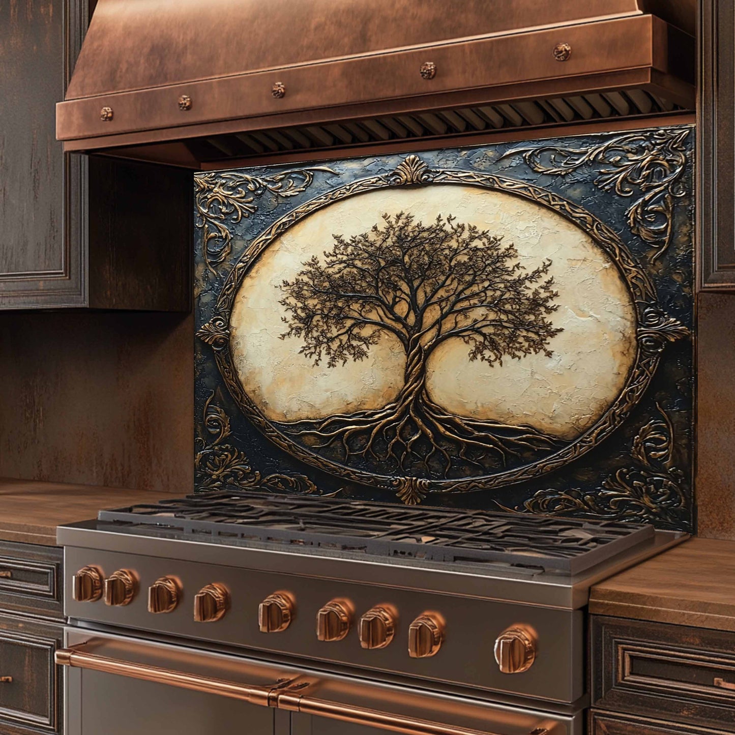 Decorative stove with tree design on the kitchen stove glass backsplash in a kitchen setting.