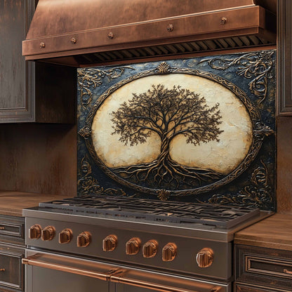 Decorative stove with tree design on the kitchen stove glass backsplash in a kitchen setting.