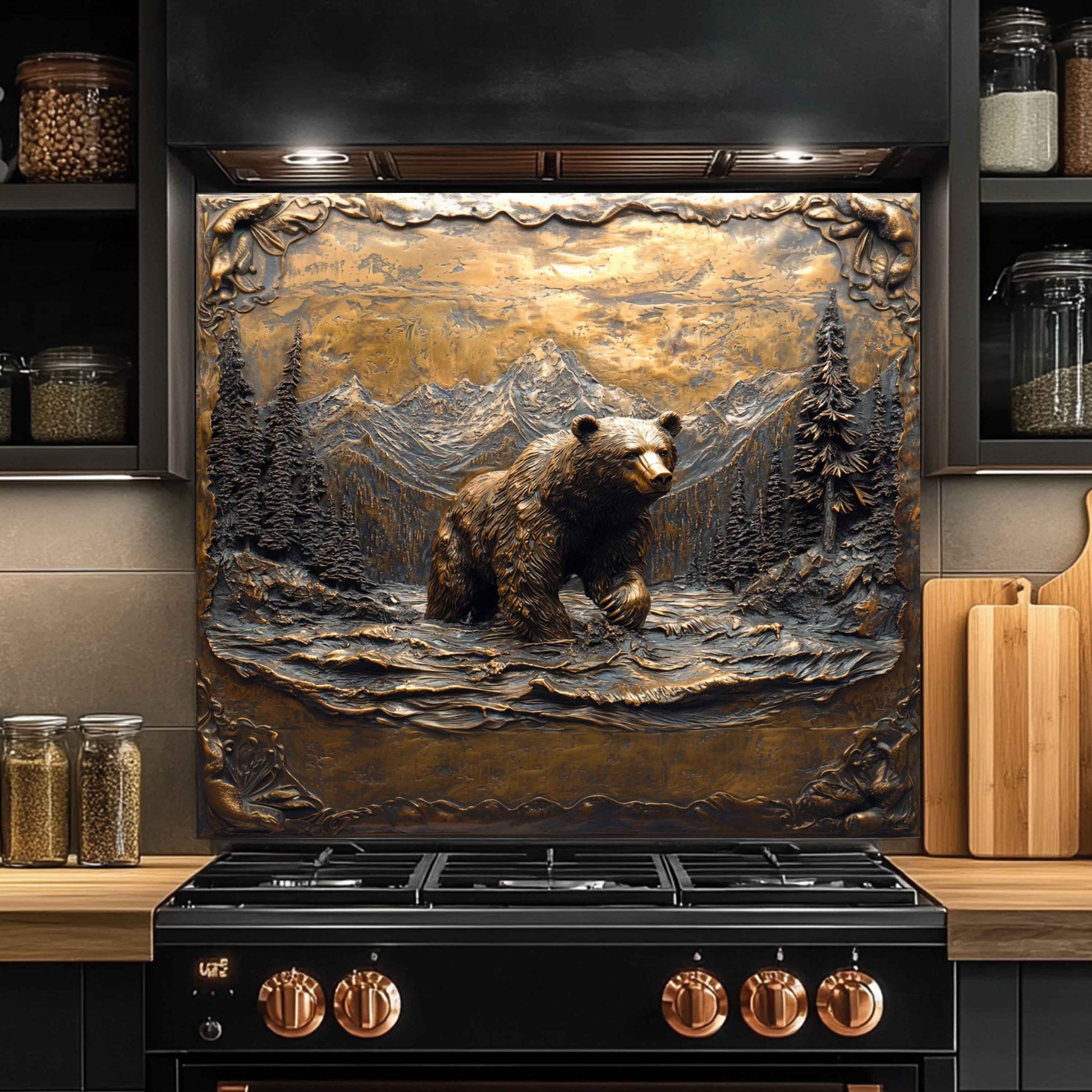 Tempered glass backsplash with a bear in a forest design above a stove in a kitchen.