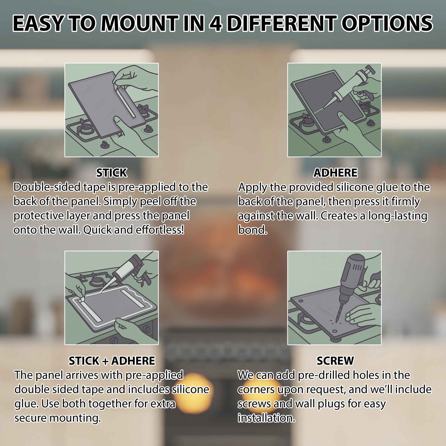 Instructions for mounting a panel with four different options on a blurred background.