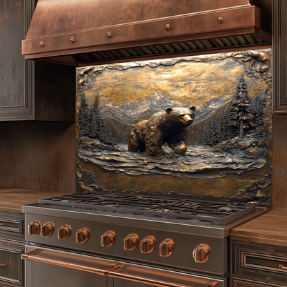 Stainless steel stove with decorative bear tempered glass backsplash on the front
