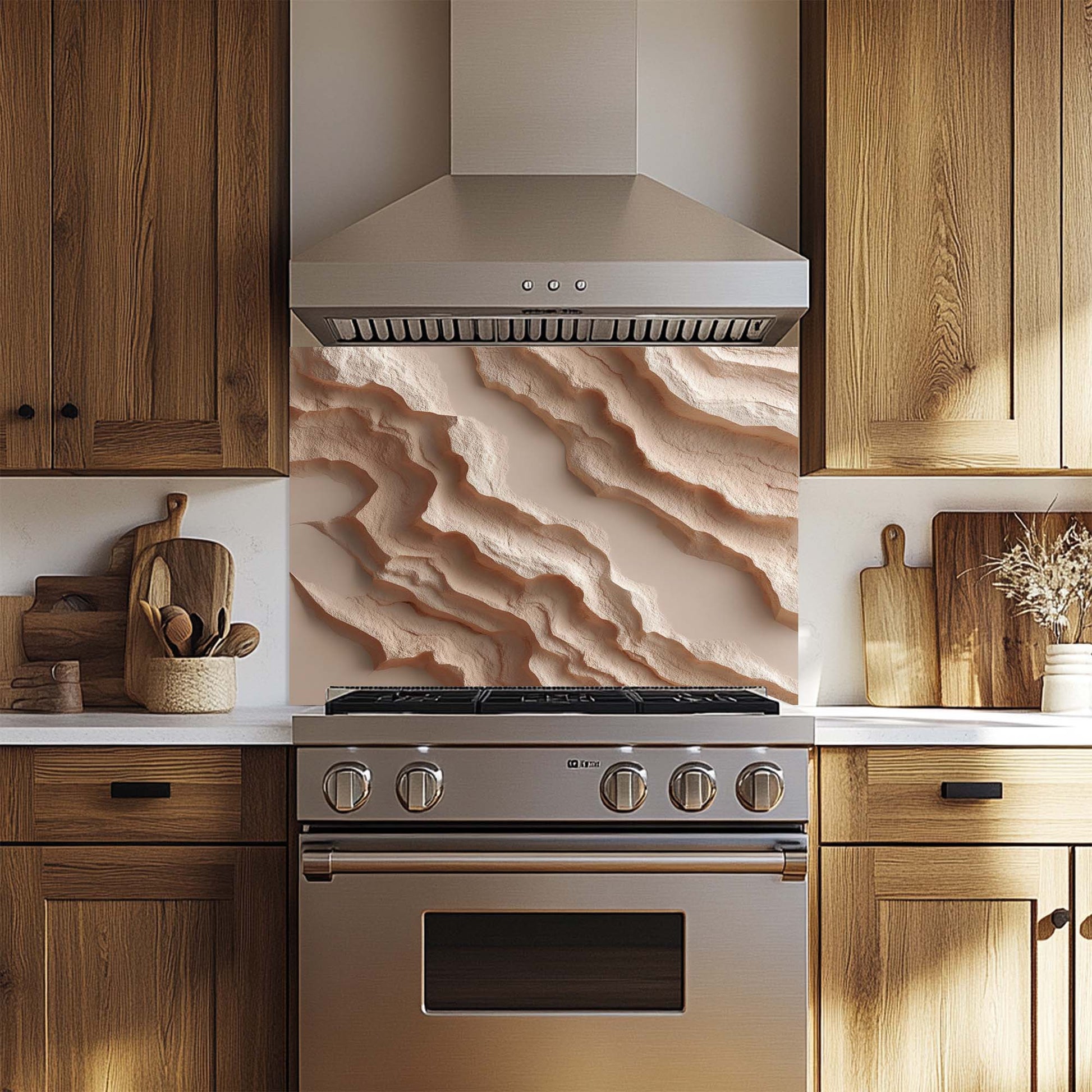 Modern kitchen with stainless steel appliances, glass backsplash and wooden cabinets