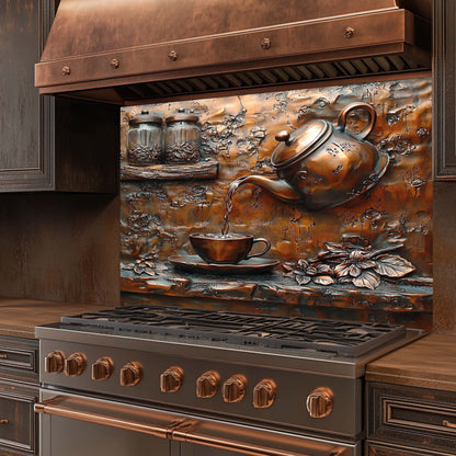 Stainless steel stove with copper accents and decorative backsplash featuring a teapot and cup scene.