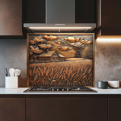 Decorative glass splashback with a rustic scene in a kitchen