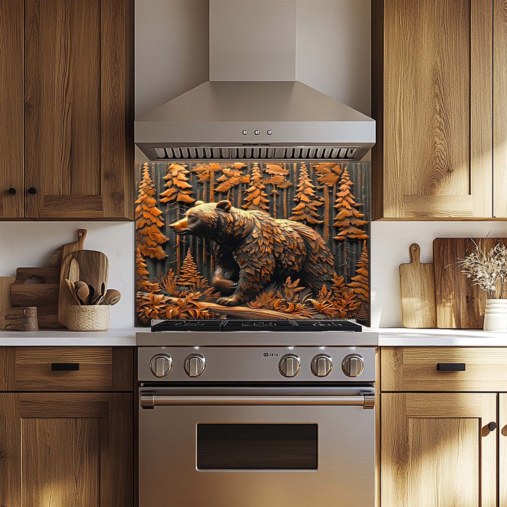 Stainless steel oven with bear and forest design glass backsplash in a kitchen setting
