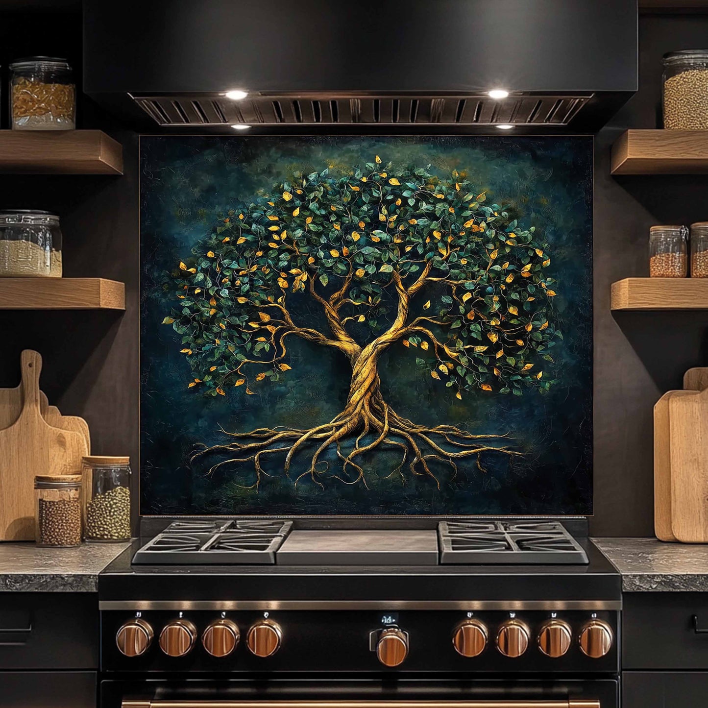 Kitchen backsplash of a tree with roots above a stove in a kitchen.