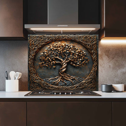 Tempered glass backsplash of a tree with intricate patterns above a kitchen stove.