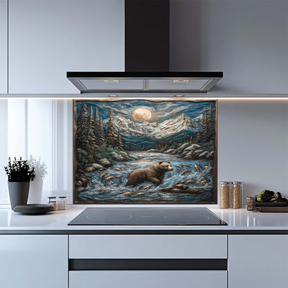 Kitchen with a tempered glass backsplash featuring a bear and mountain scene.