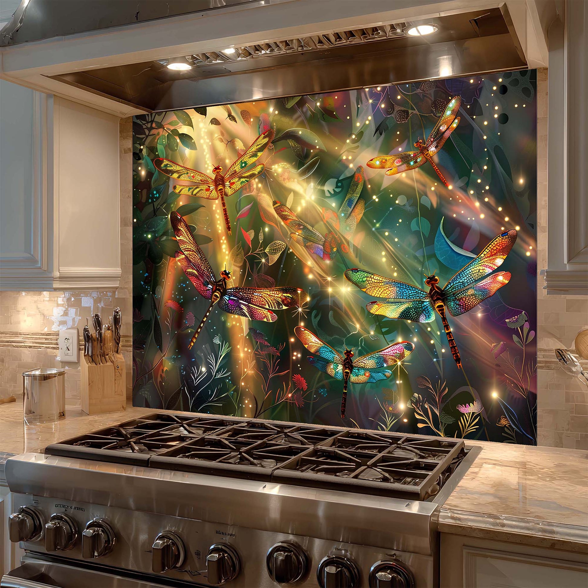 Decorative backsplash with colorful dragonflies and lights above a stove in a kitchen.
