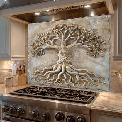 Decorative backsplash with tree design above a stove in a kitchen.