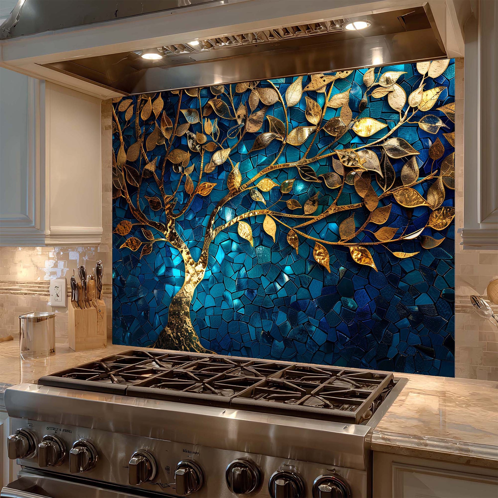 Decorative backsplash with tree design in a kitchen