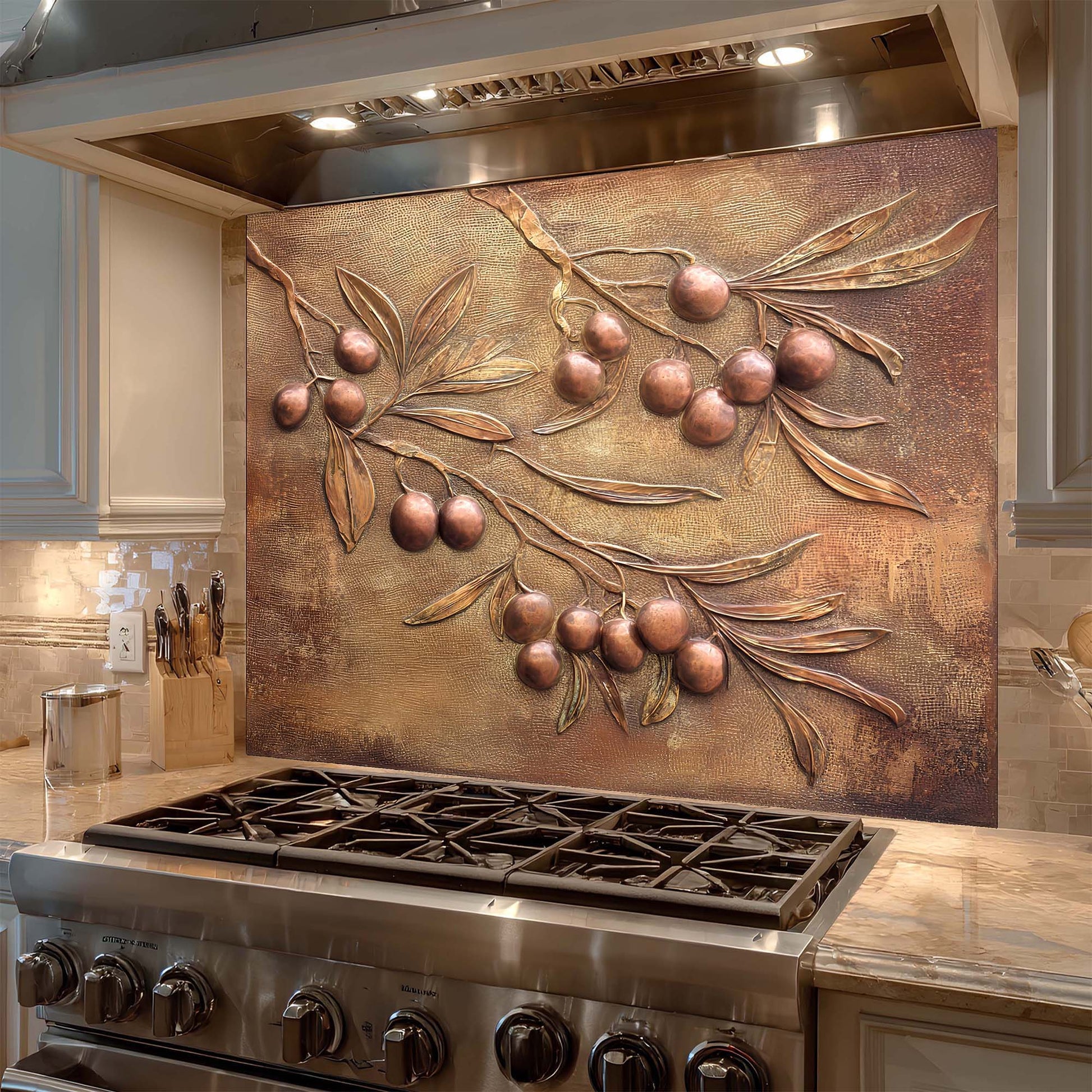Decorative copper look glass backsplash with olive design above a stove in a kitchen.