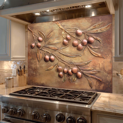 Decorative copper look glass backsplash with olive design above a stove in a kitchen.