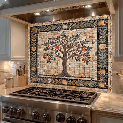 Kitchen stove with a decorative mosaic tile backsplash featuring a tree design.