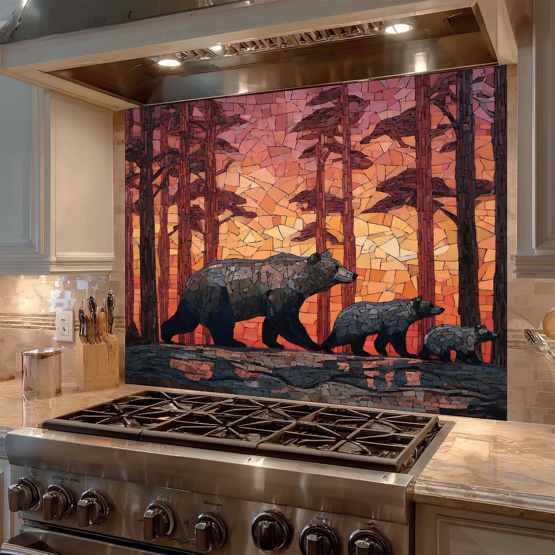 Stainless steel stove with a decorative mosaic glass backsplash featuring bears in a forest.
