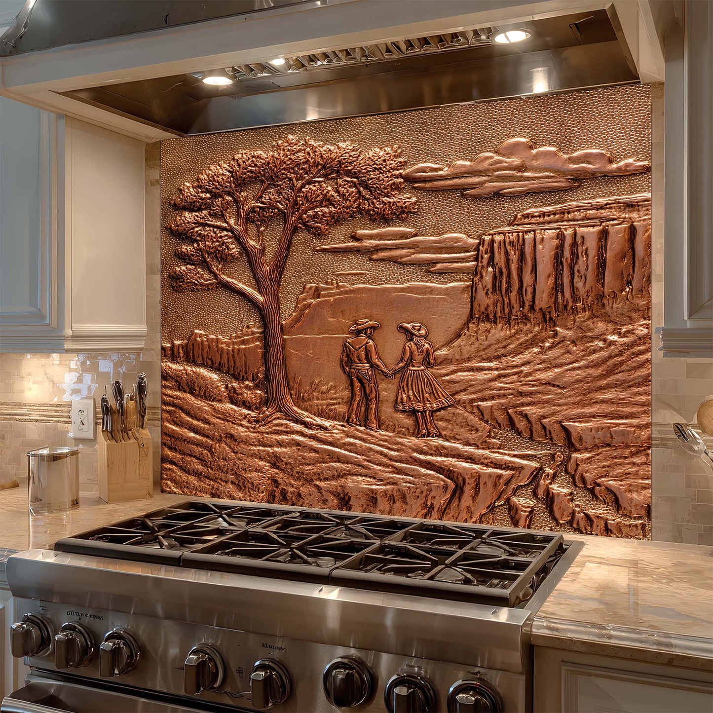 Glass backsplash with a landscape design above a stove in a kitchen.
