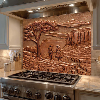 Glass backsplash with a landscape design above a stove in a kitchen.