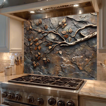 Decorative stone wall backsplash with branch design above a stove in a kitchen.