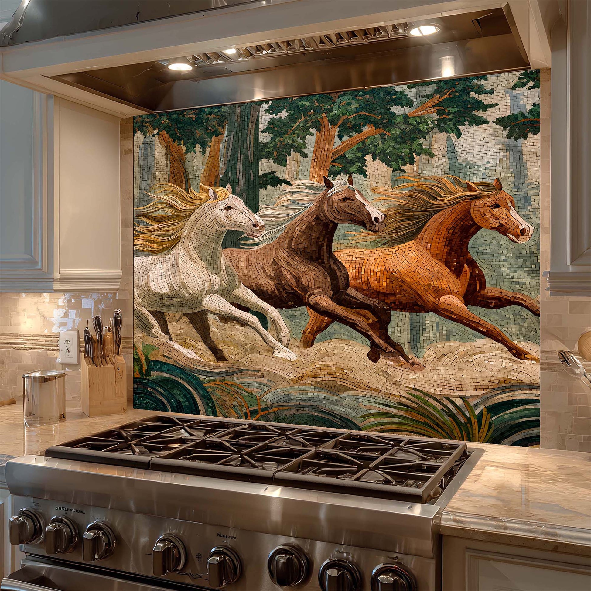 Mosaic-style wild horses running through a forest on tempered glass backsplash, adding movement, warmth, and natural beauty to kitchens.
