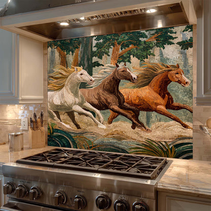 Mosaic-style wild horses running through a forest on tempered glass backsplash, adding movement, warmth, and natural beauty to kitchens.
