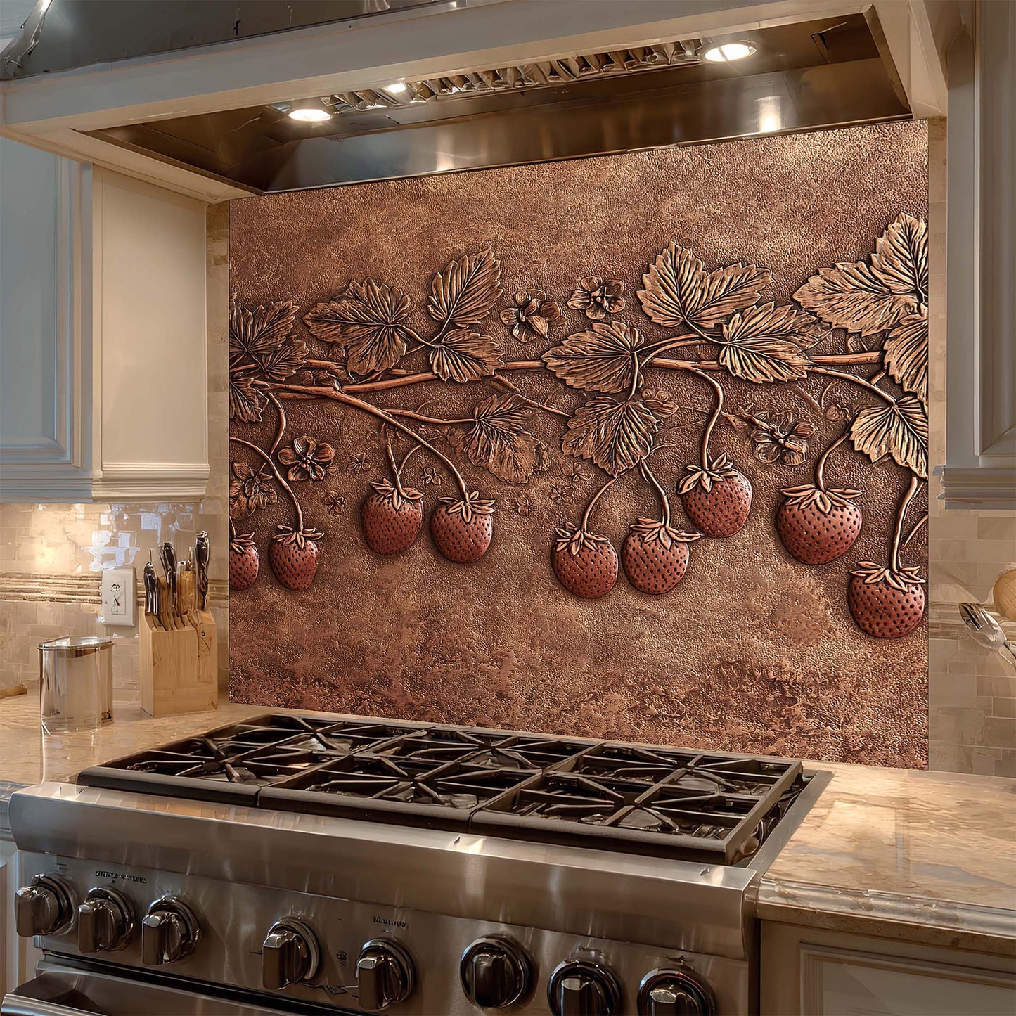 Kitchen with decorative glass backsplash featuring strawberry design.