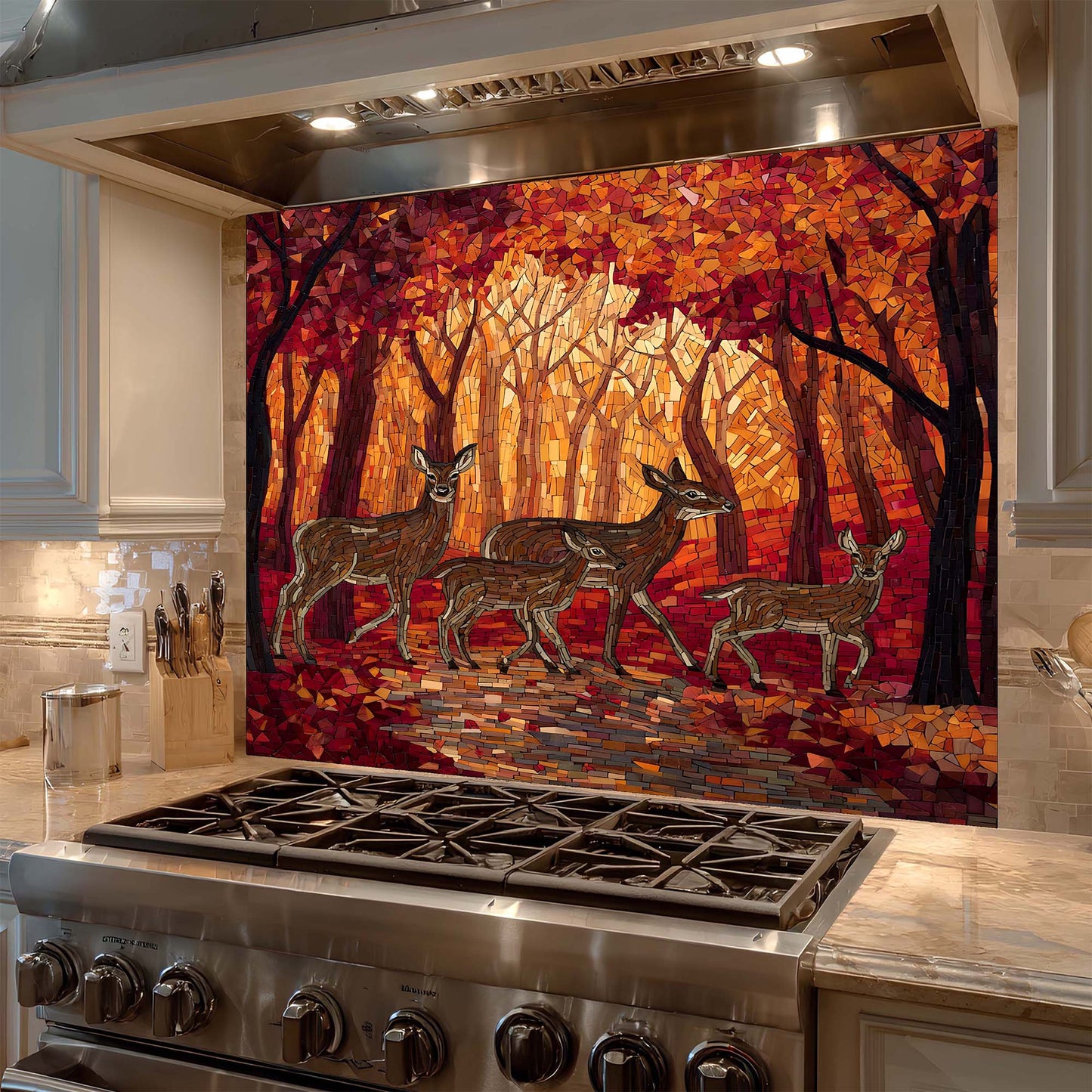 Decorative glass splashback with deer design above a stove in a kitchen.
