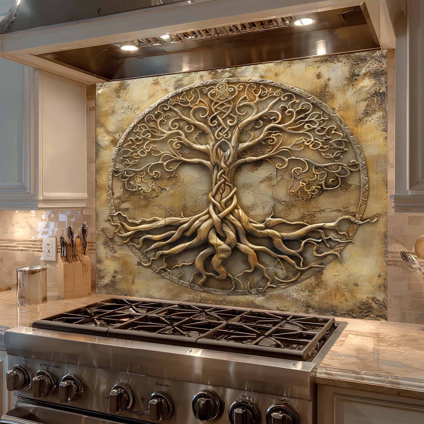 Decorative backsplash of a tree with roots above a stove in a kitchen.