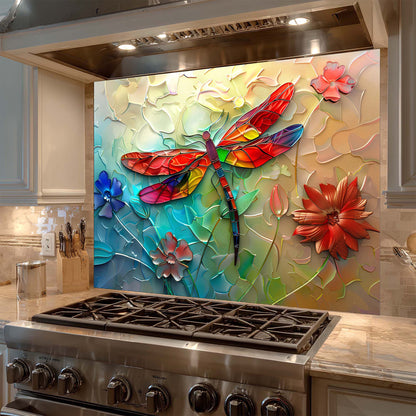 Colorful dragonfly and floral design on a kitchen backsplash above a stove.