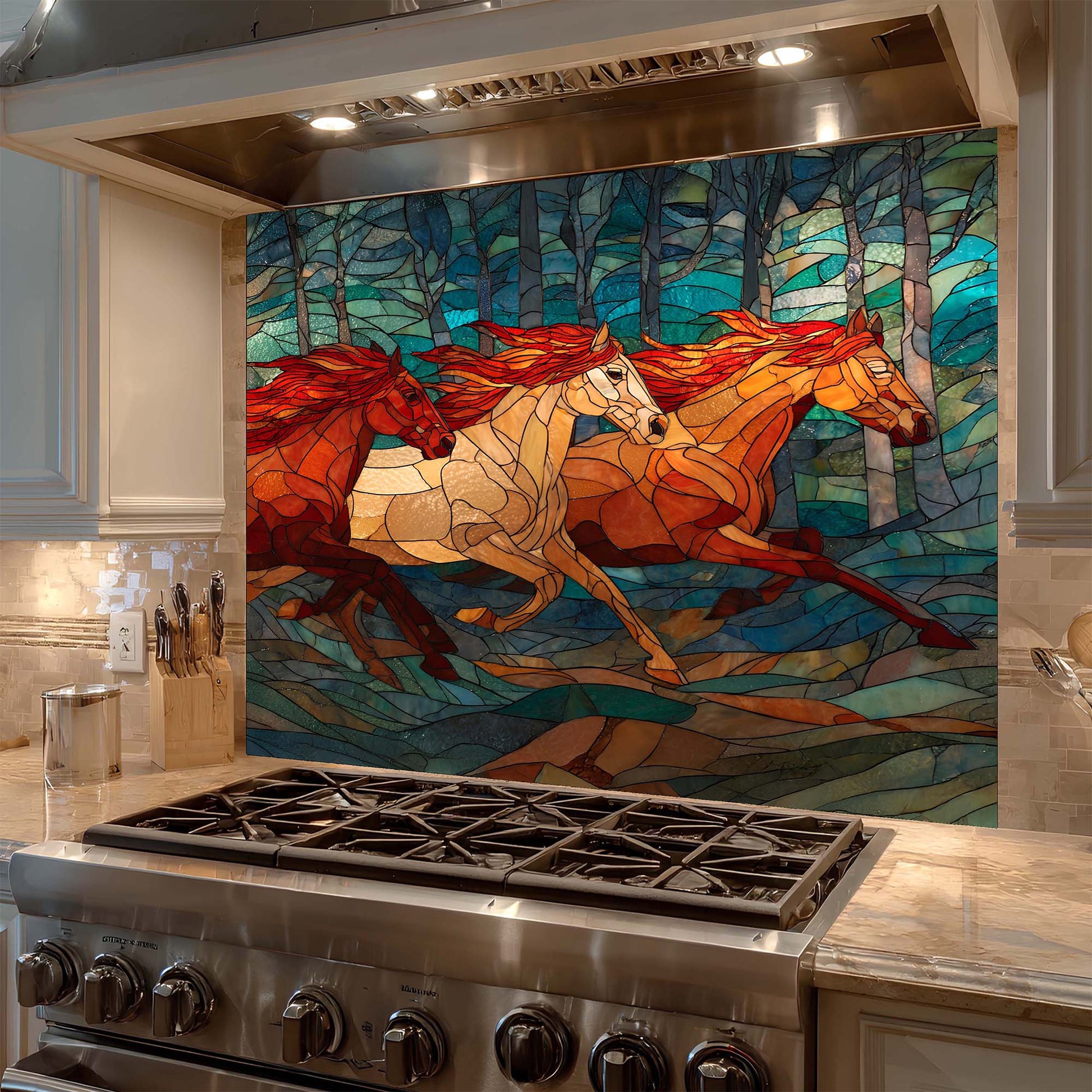 Three galloping horses in a stained glass forest design on tempered glass backsplash. A bold, artistic kitchen backsplash statement.
