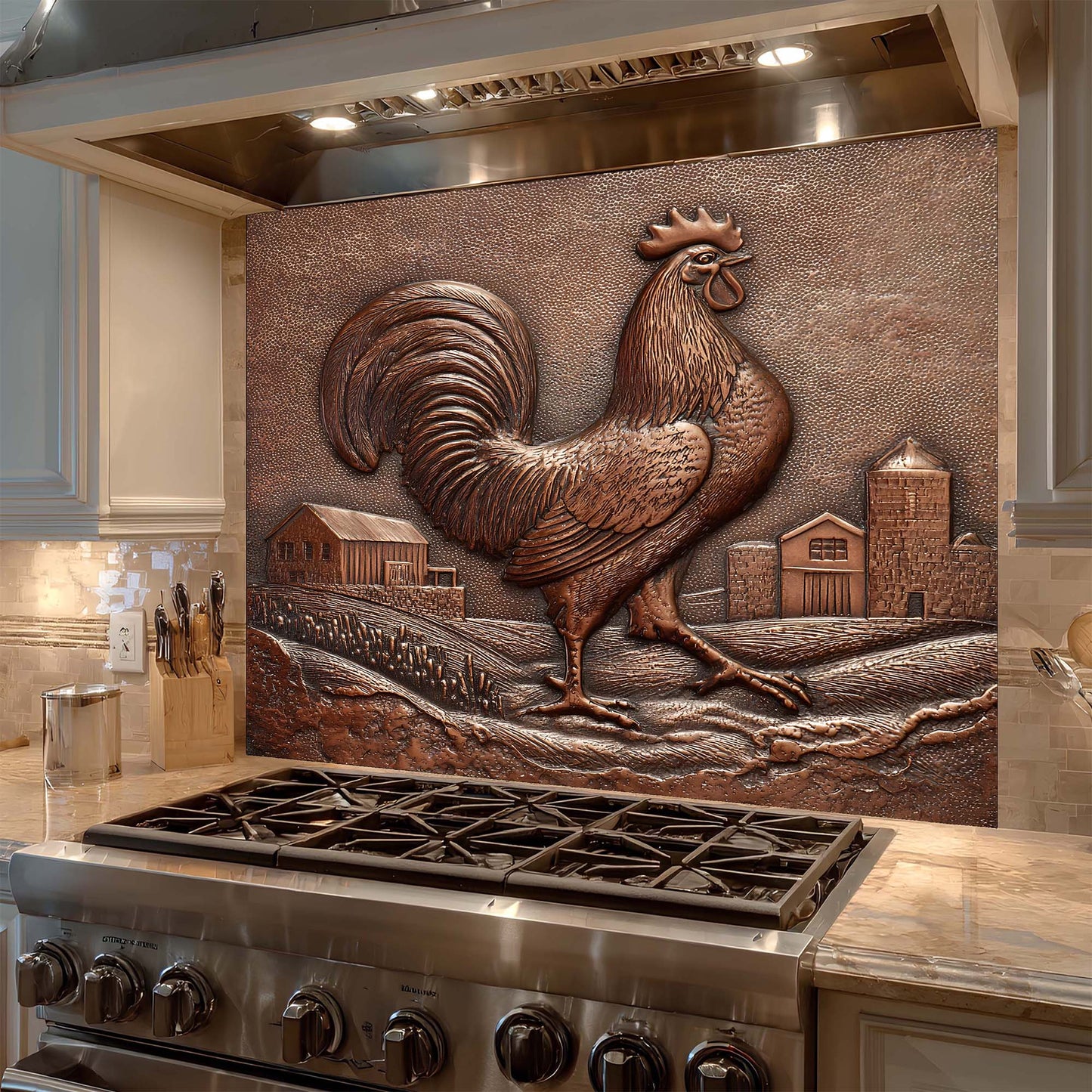 Decorative glass backsplash with a rooster design above a stove in a kitchen.