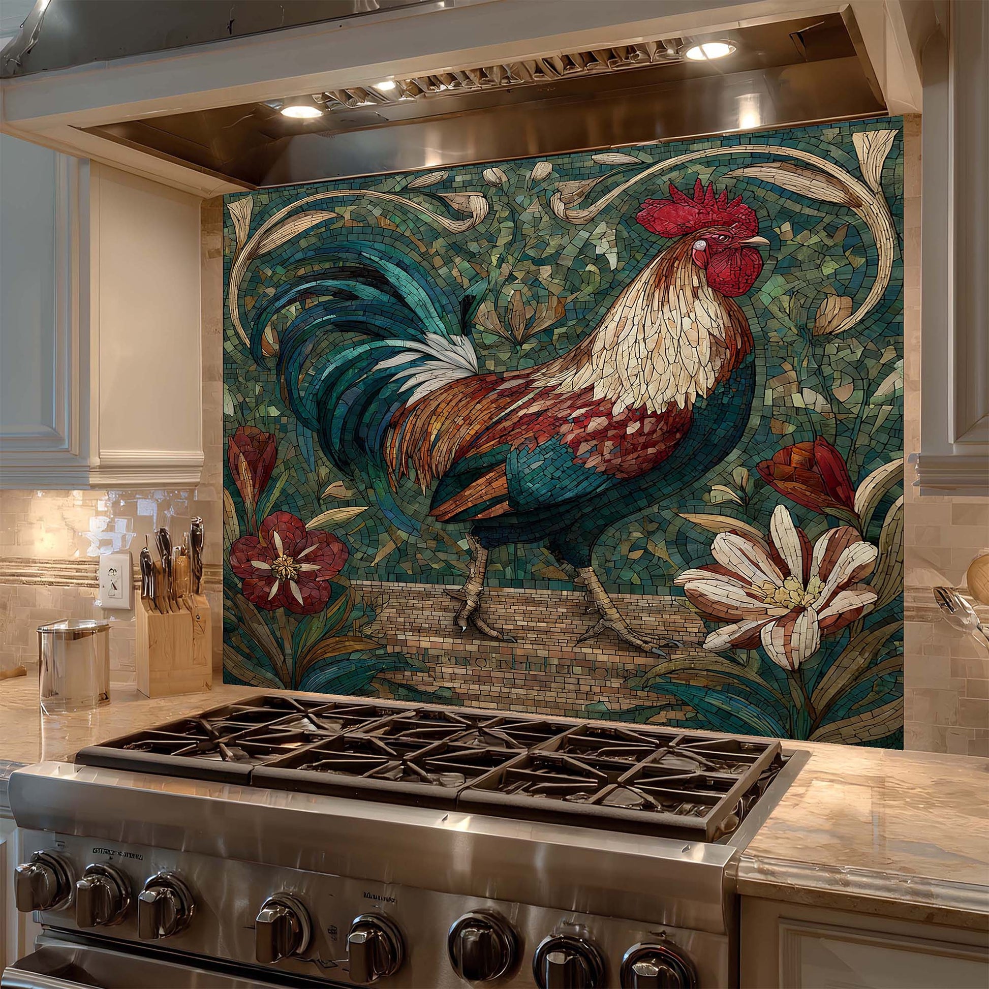 Kitchen with a decorative glass backsplash of a rooster on the wall above a stove.