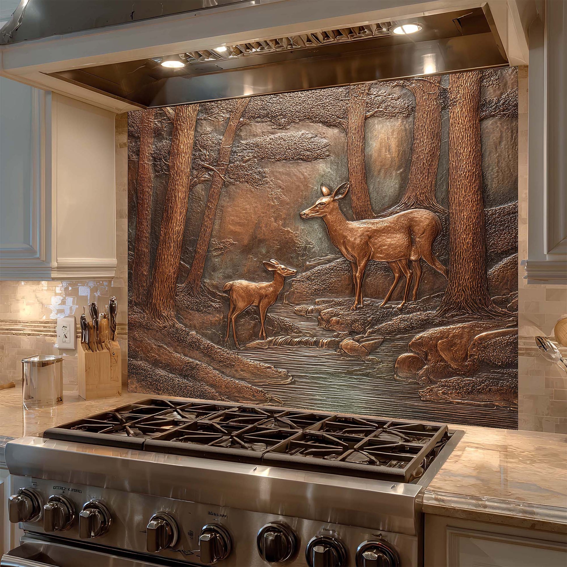 Decorative glass backsplash with deer design above a stove in a kitchen.