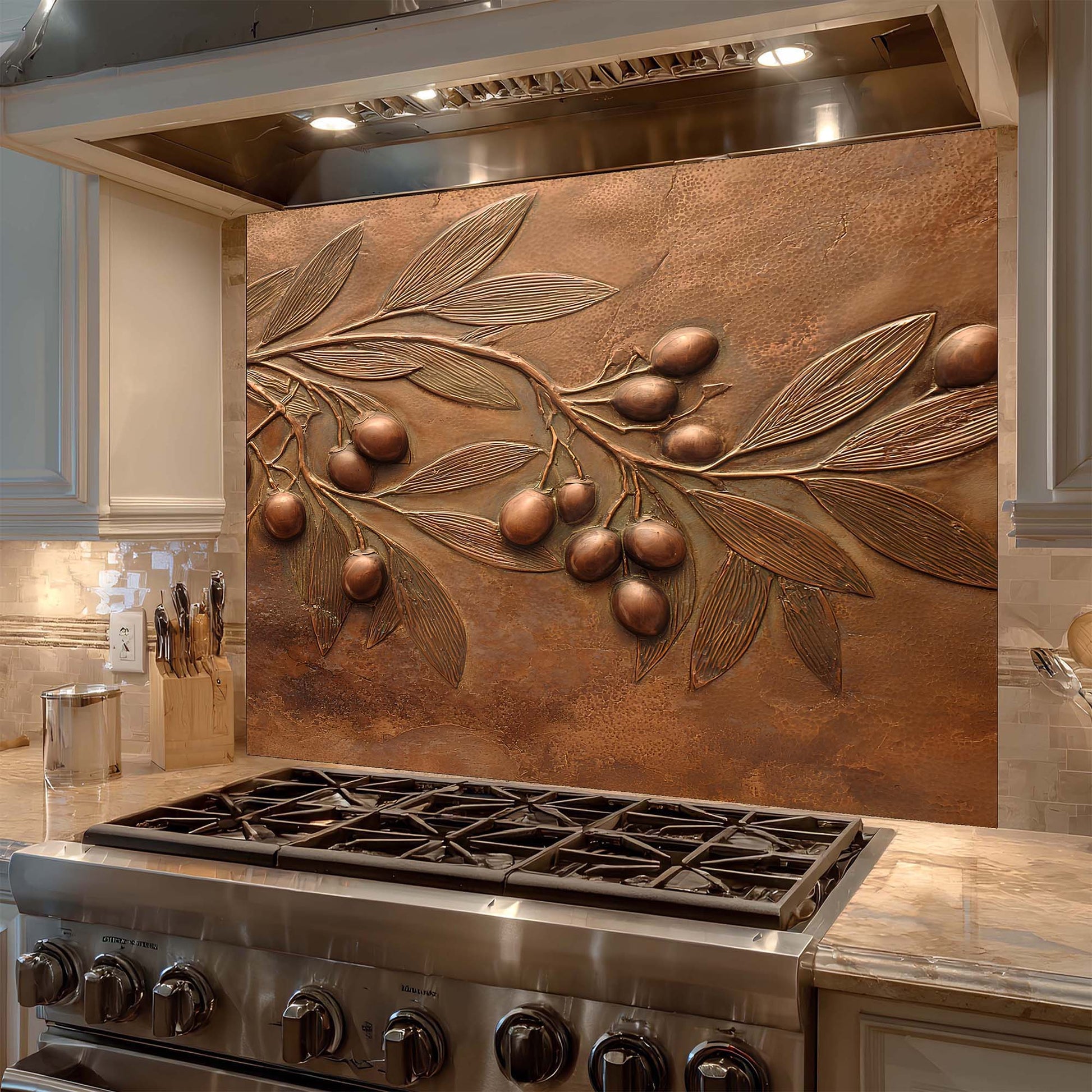 Kitchen with a decorative copper look glass backsplash featuring olive branches and olives.