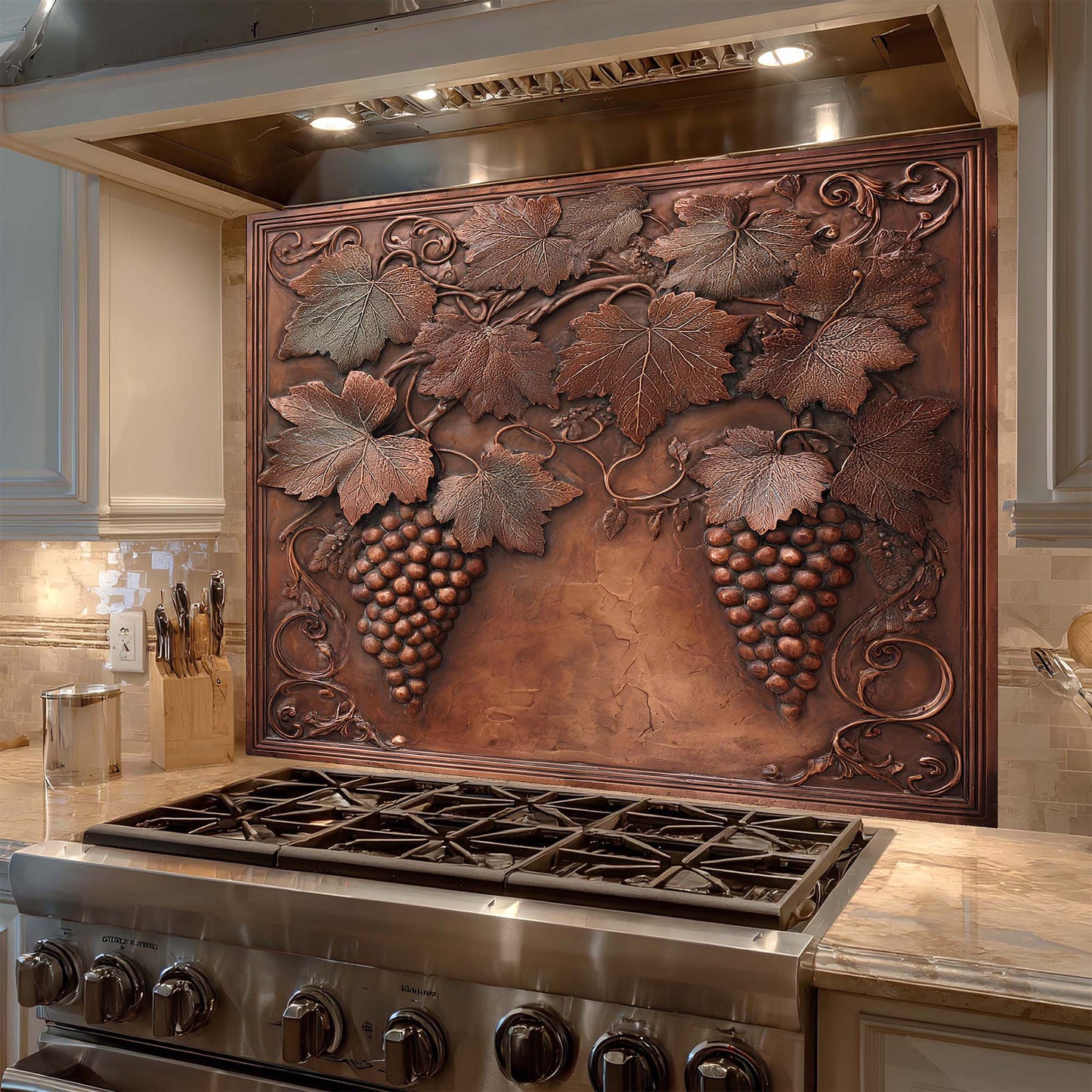 Decorative copper look glass backsplash with grape design above a stove in a kitchen.