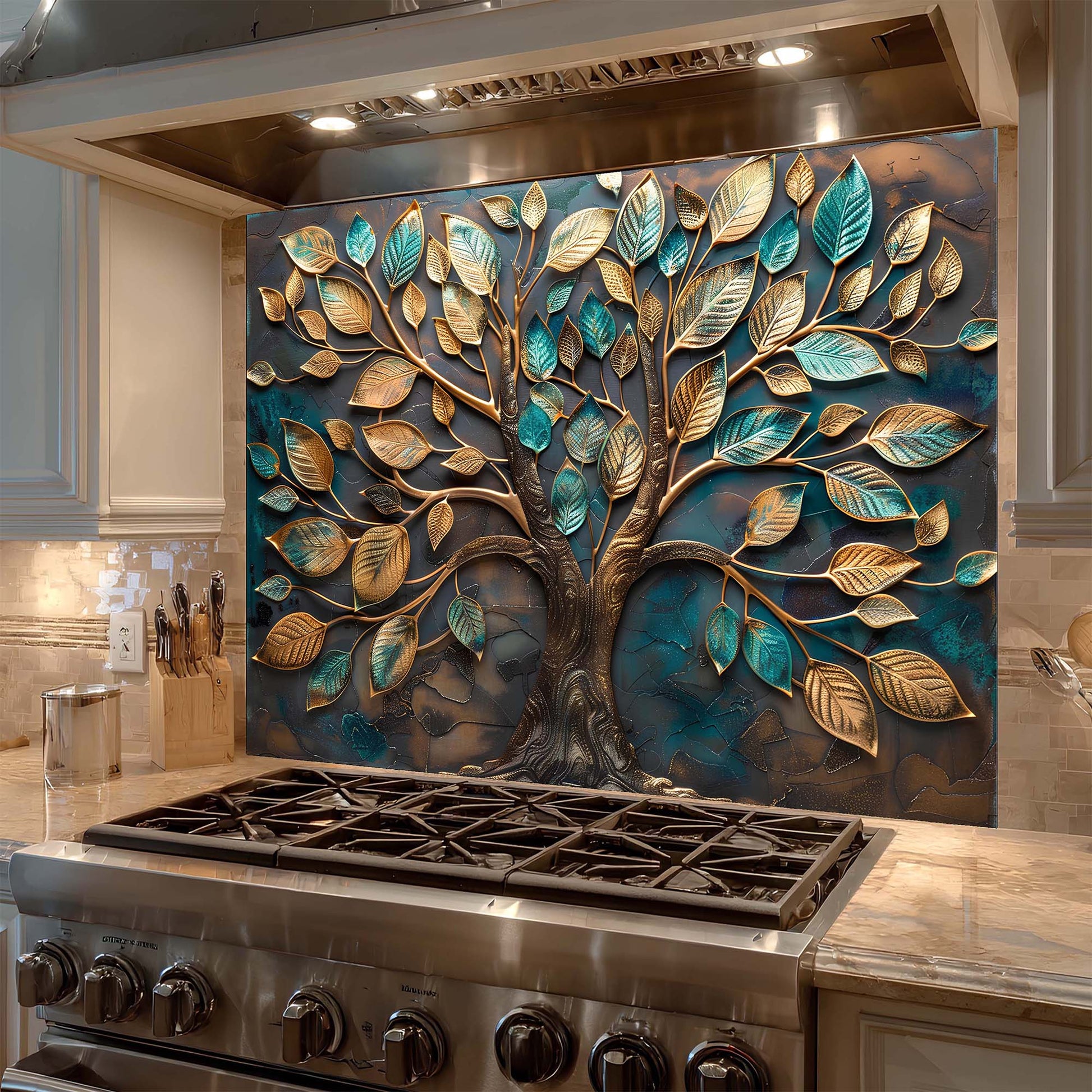 Decorative metal tree splashback above a stove in a kitchen