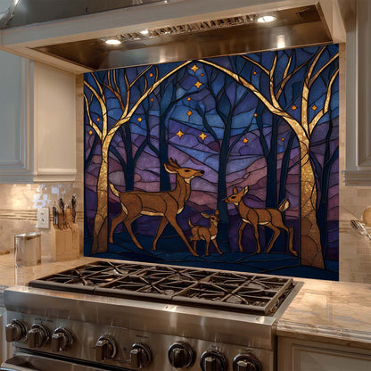A serene deer family beneath a starlit forest sky on tempered glass backsplash, bringing warmth, nature, and harmony to kitchens.