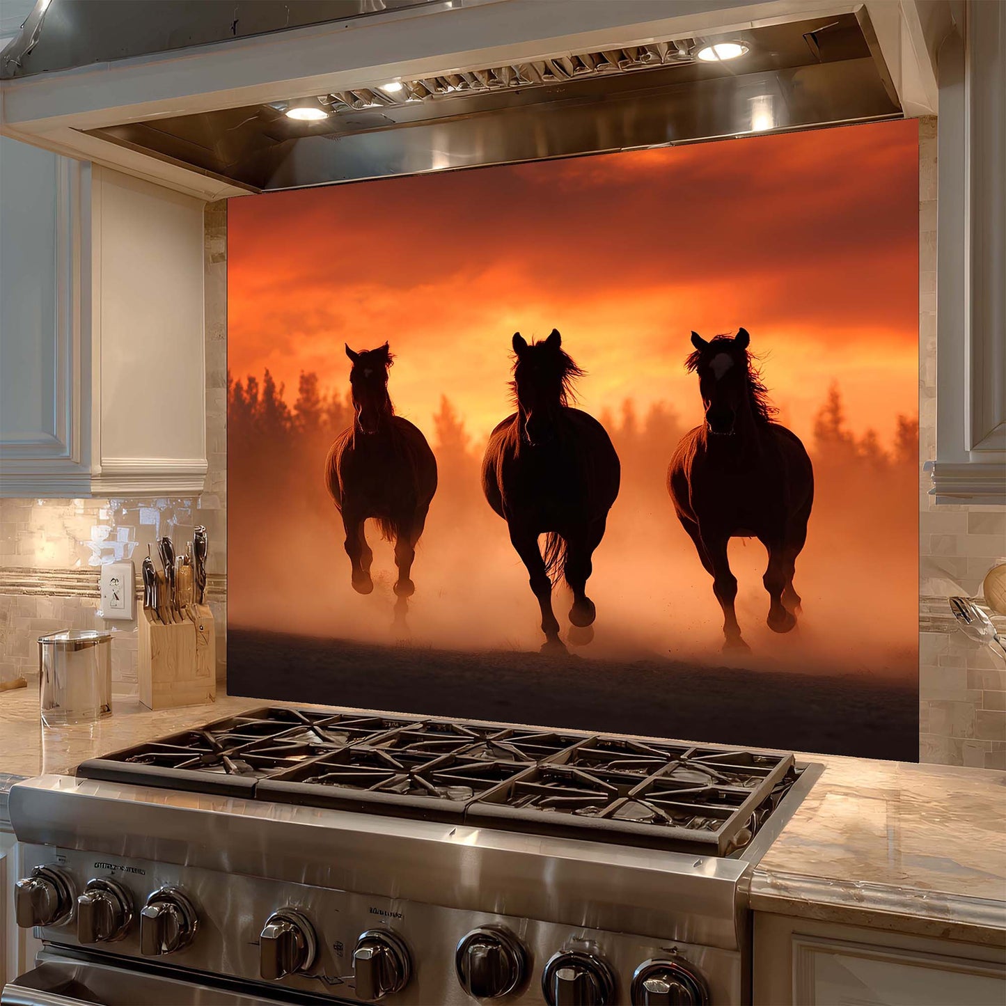 Stainless steel stove with a decorative backsplash featuring silhouettes of three horses running against an orange sunset sky.