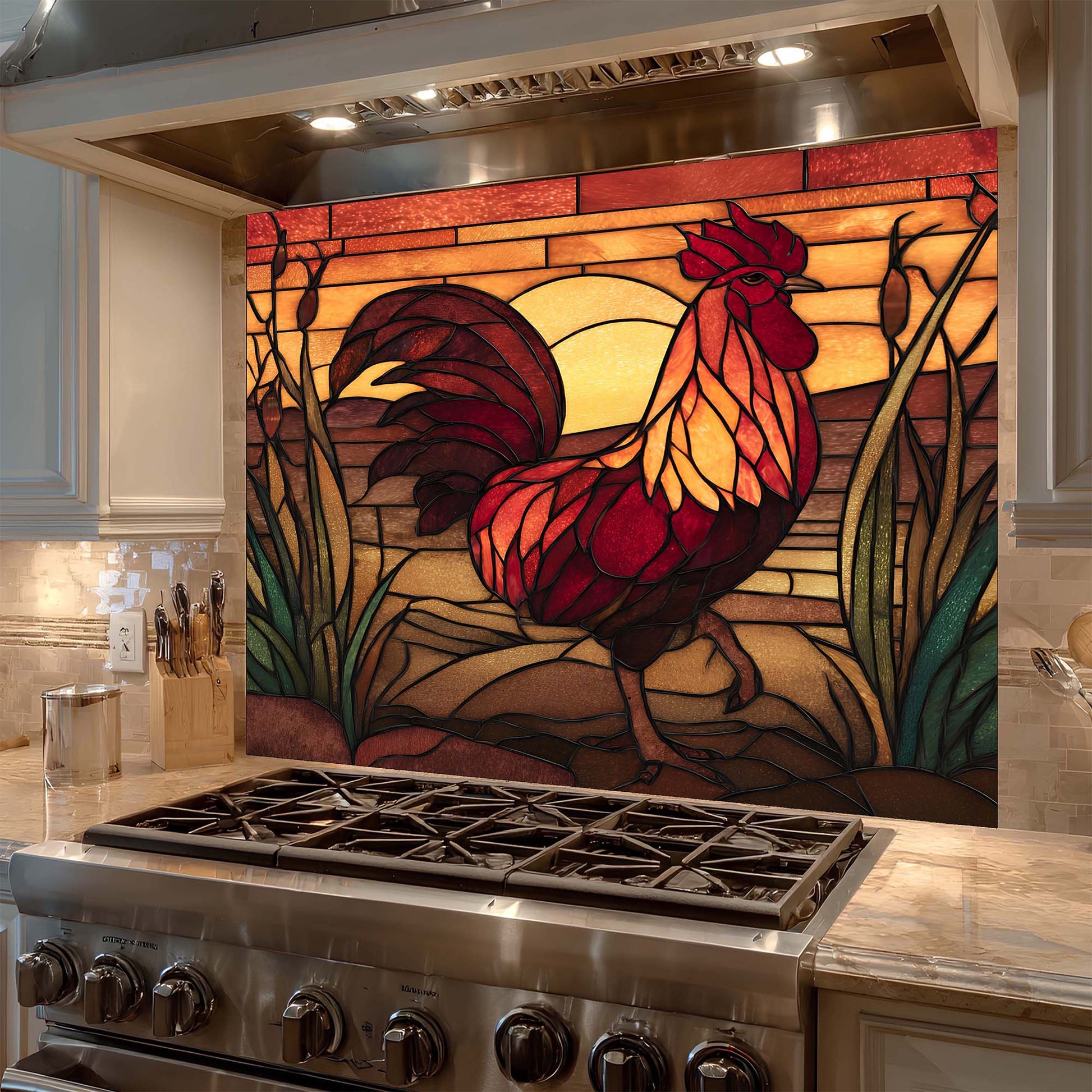 Stained glass backsplash of a rooster above a stove in a kitchen.
