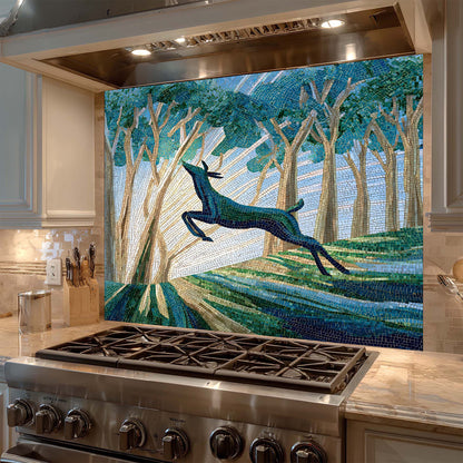 Kitchen with a glass backsplash featuring a deer in a forest design.
