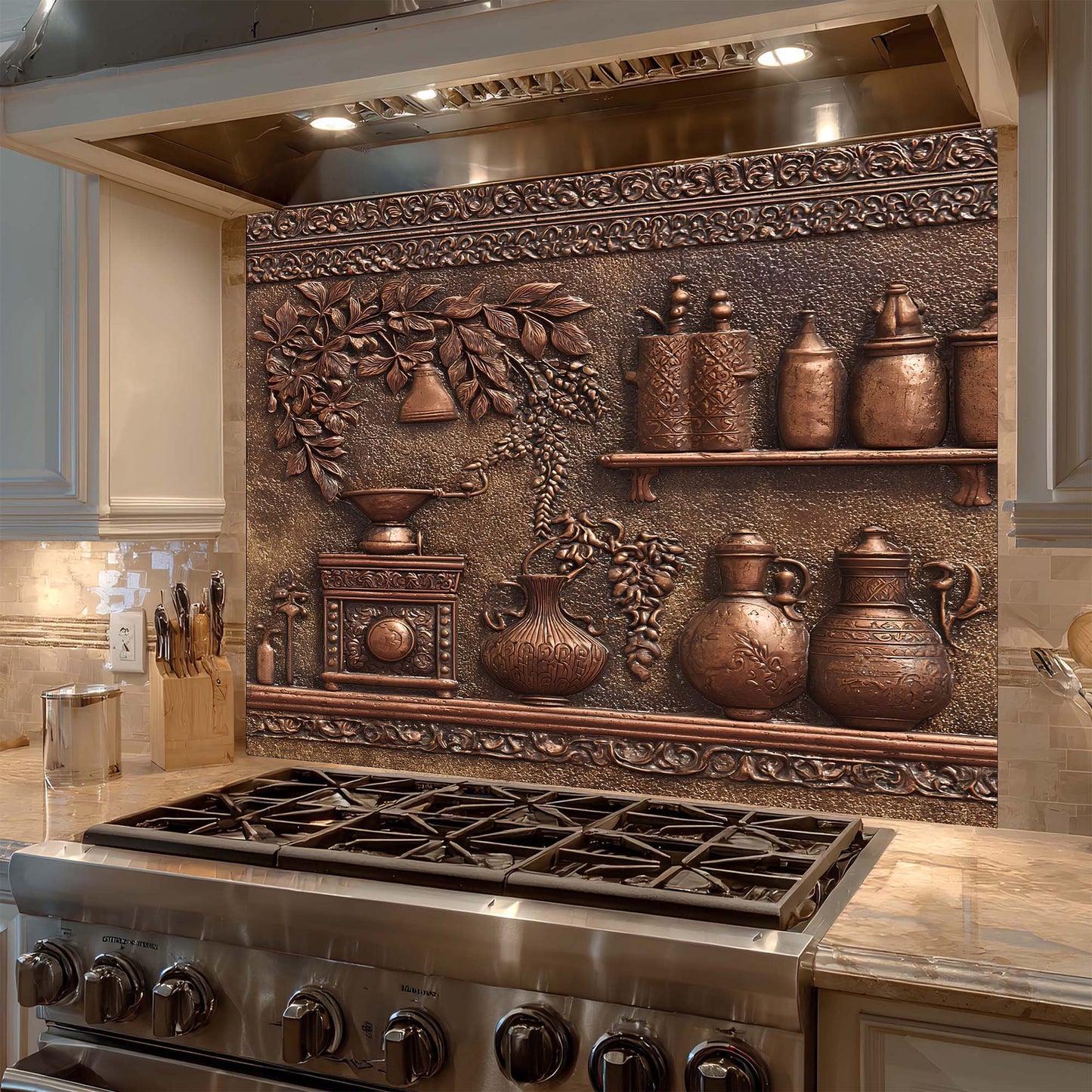 Decorative copper look glass backsplash with intricate designs above a stove in a kitchen.