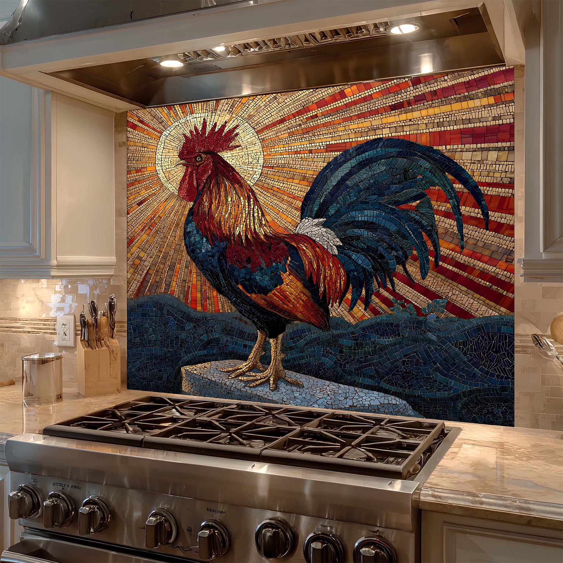 Radiant dawn rooster mosaic glass backsplash with golden sunburst and deep blues. A bold tempered glass kitchen backsplash design.
