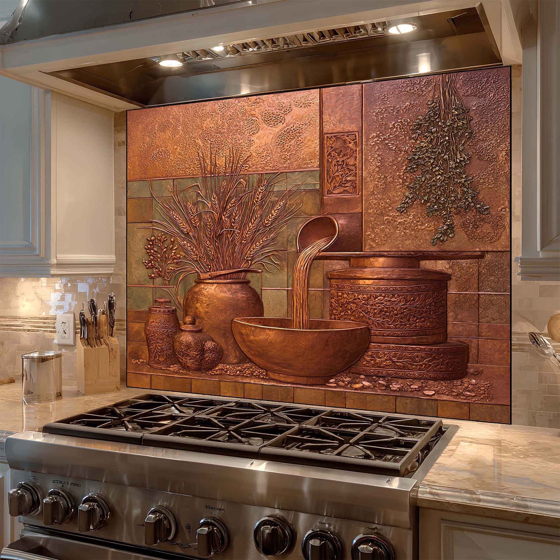 Decorative copper look glass backsplash with artistic designs above a stove in a kitchen.