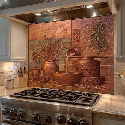 Decorative copper look glass backsplash with artistic designs above a stove in a kitchen.