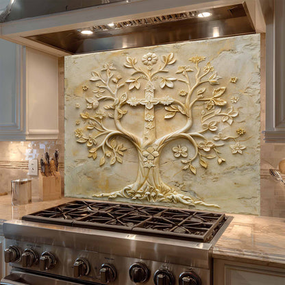 Decorative backsplash with tree design above a stove in a kitchen.