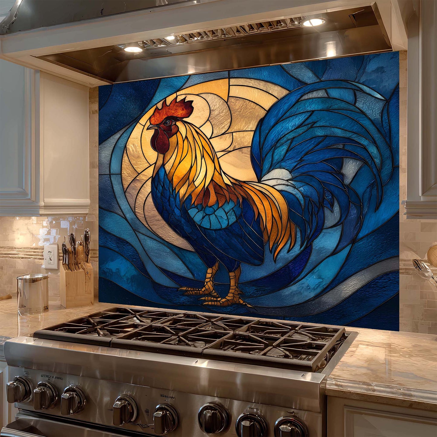 Stainless steel stove with a colorful rooster artwork on the glass backsplash